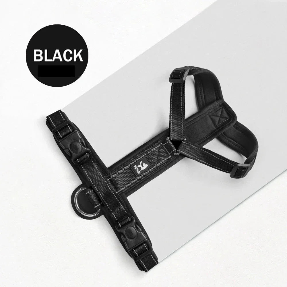 Adjustable reflective padded dog harness in multiple colours for enhanced visibility and safety during walks and outdoor activities