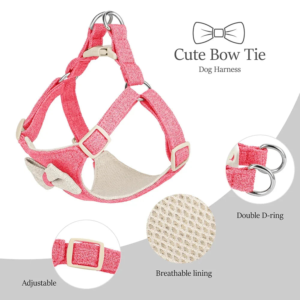 Charming quick-release dog collar, harness and lead set with adorable bow, available in various colours and sizes
