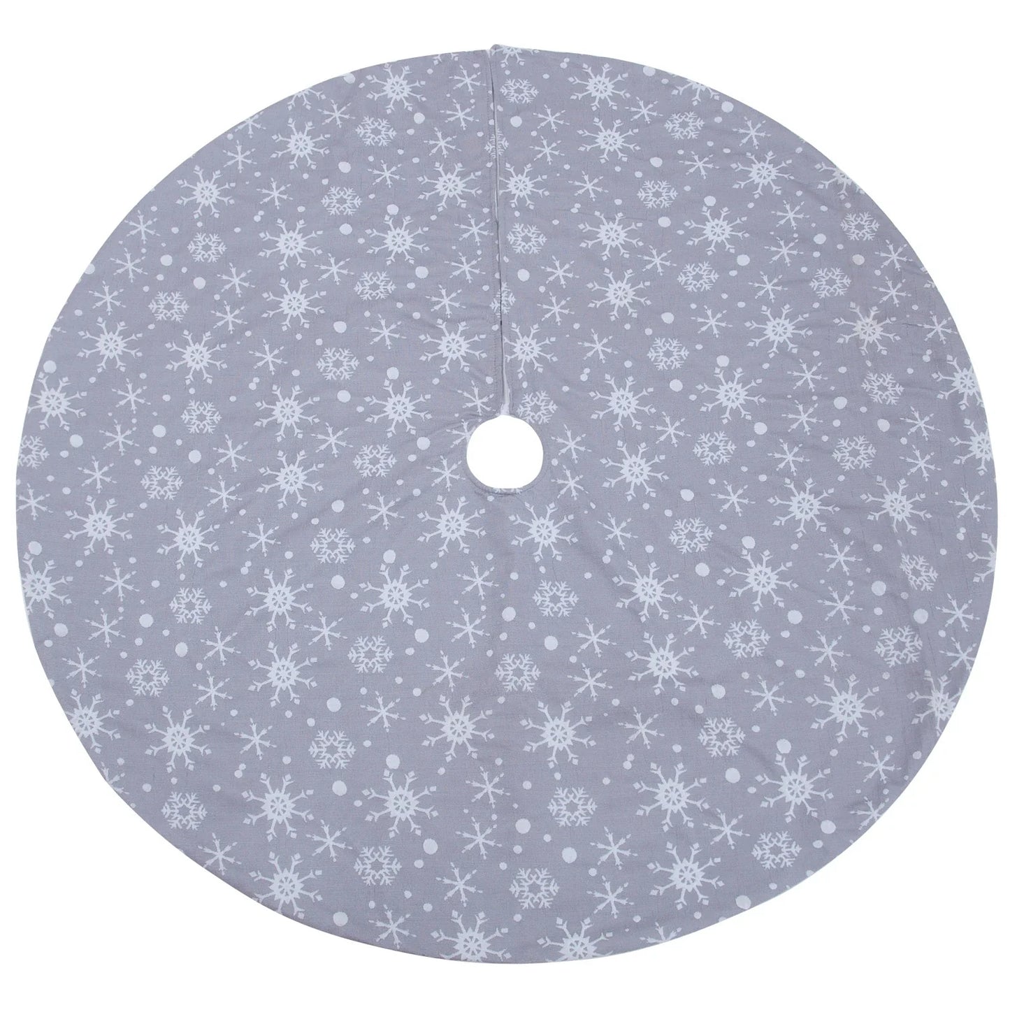 Grey background with intricate white snowflake design Christmas tree skirt