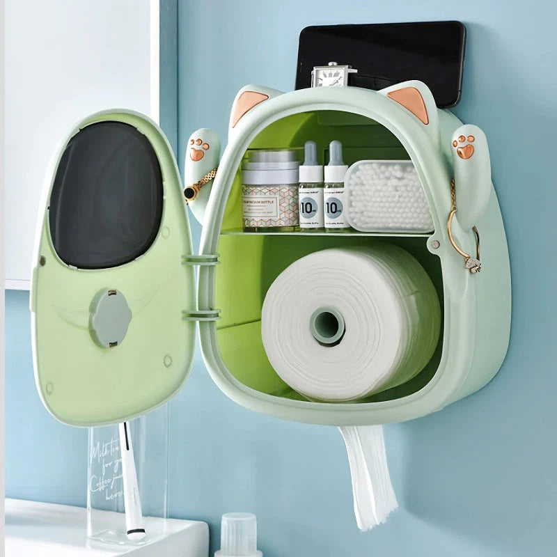 A white, cat-themed tissue box and bathroom organiser with storage compartments