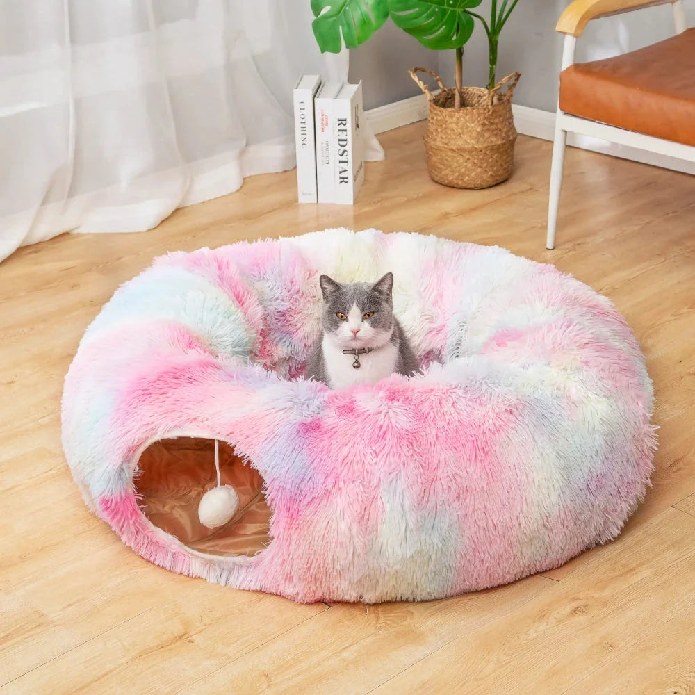 Cosy grey cat tunnel bed with plush cushion, providing a multifunctional and foldable retreat for indoor cats