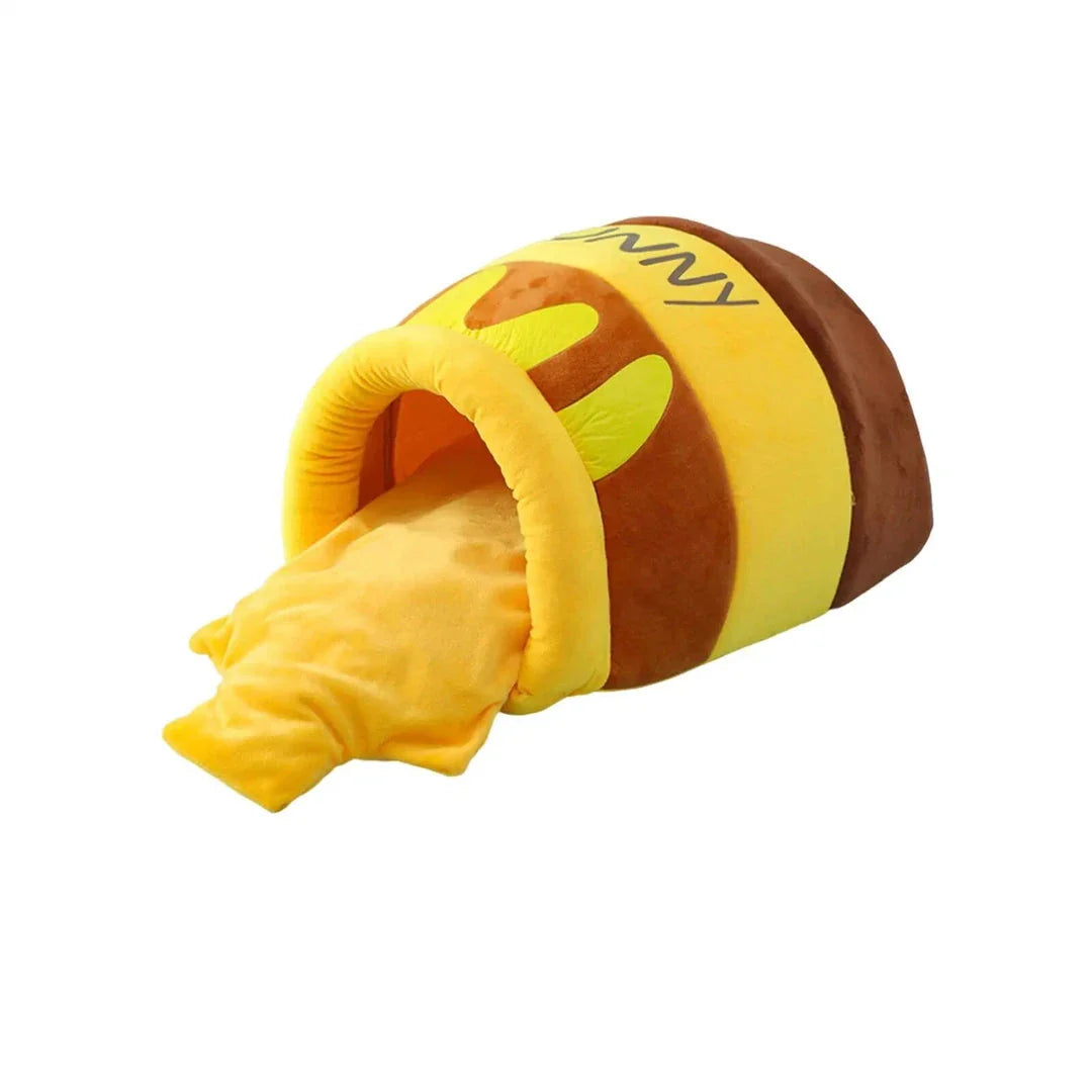 Cosy honey pot-shaped cat bed made of plush velvet material for comfort and warmth