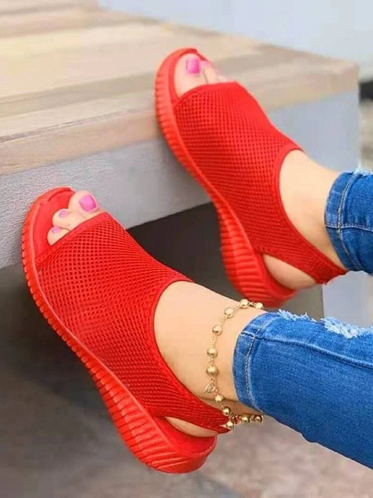 Pair of New Style Thick Bottom Mesh Fish Mouth Sports Sandals with breathable mesh upper and rubber soles