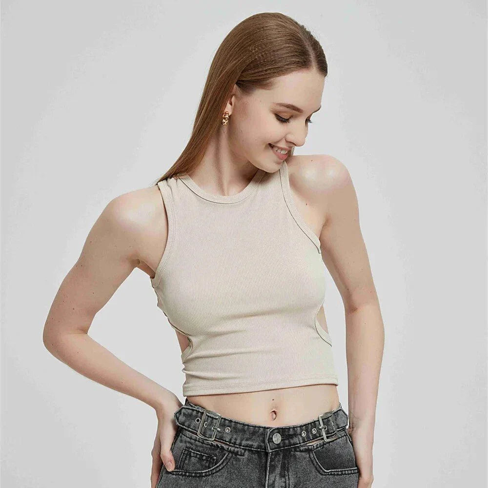 A chic and stylish ribbed knit Y2K tank top in a classic green colour, designed for the fashion-conscious British consumer.