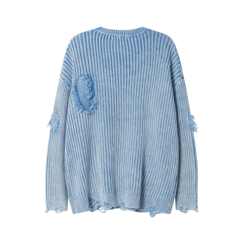 Classic ripped round neck jumper in a monochrome colour scheme, featuring a unique sunken stripe detail and a relaxed, comfortable fit.