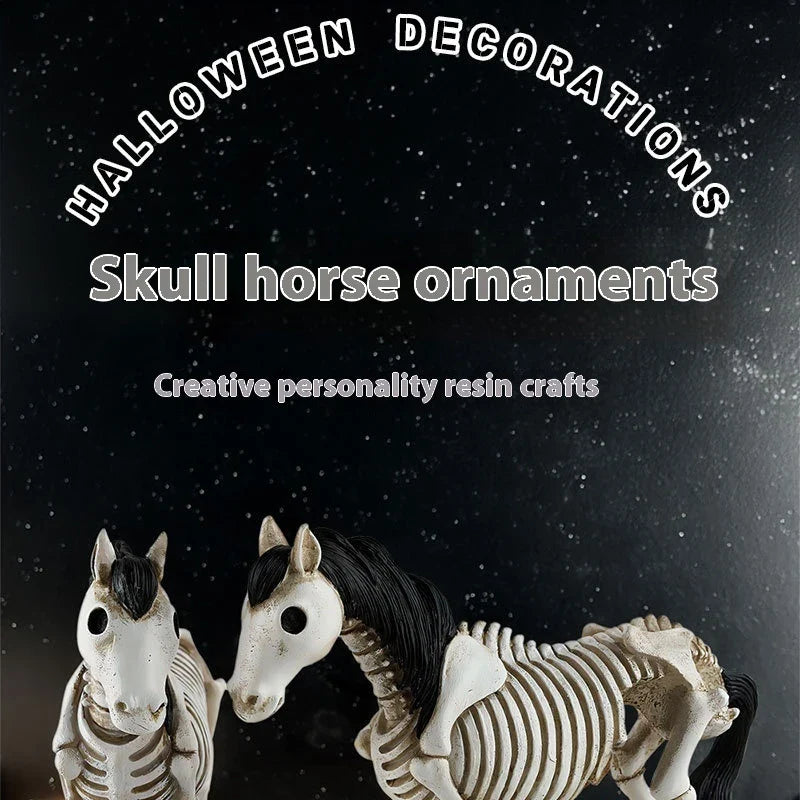 Detailed resin skeleton horse ornament in a spooky Halloween design, perfect for seasonal home decor
