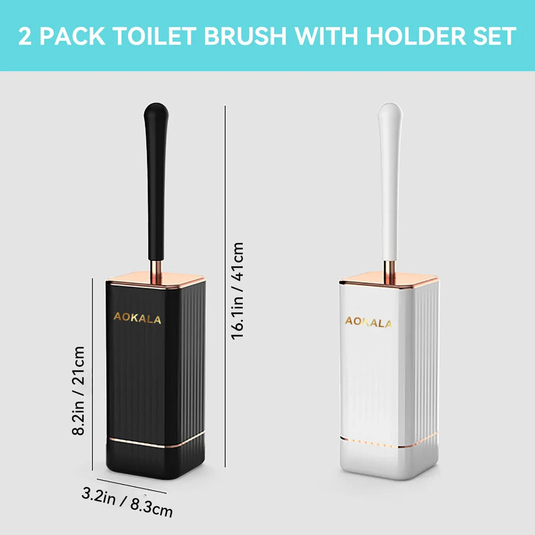 Elegant silicone toilet brush and holder set in black and white with rose gold accents, designed for modern bathroom cleaning