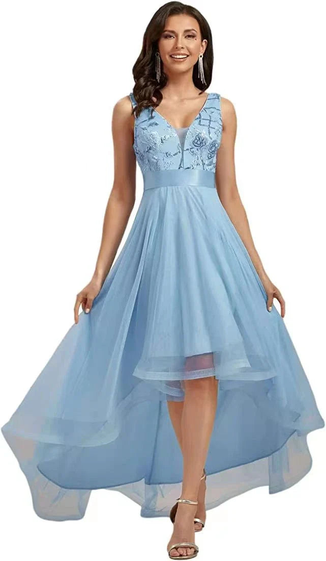 Elegant sequin gauze bridesmaid prom dress in a variety of sophisticated colours, featuring a flattering mid-length silhouette and sleeveless design with shoulder straps