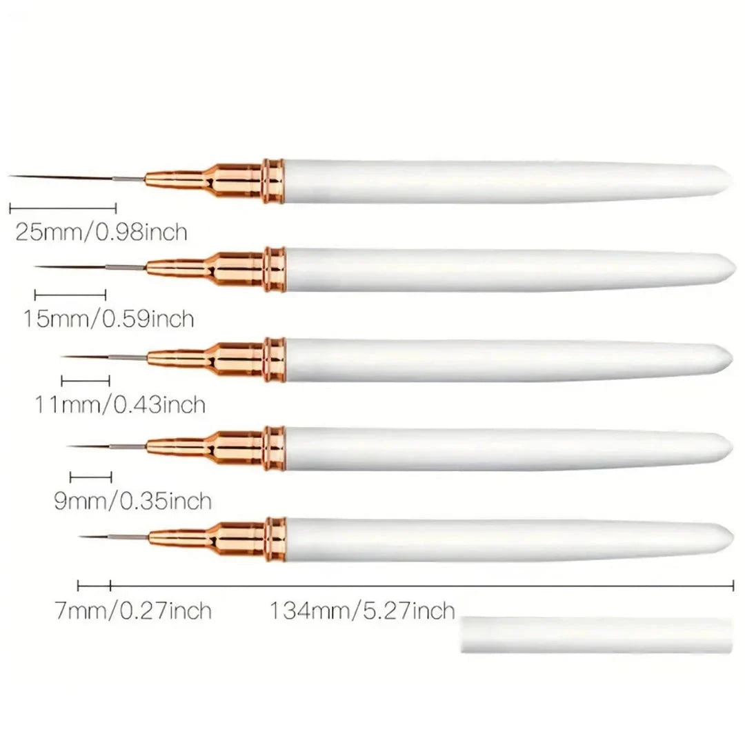 A 5-piece set of precision nail art liner brushes in various sizes for creating intricate designs and patterns on nails
