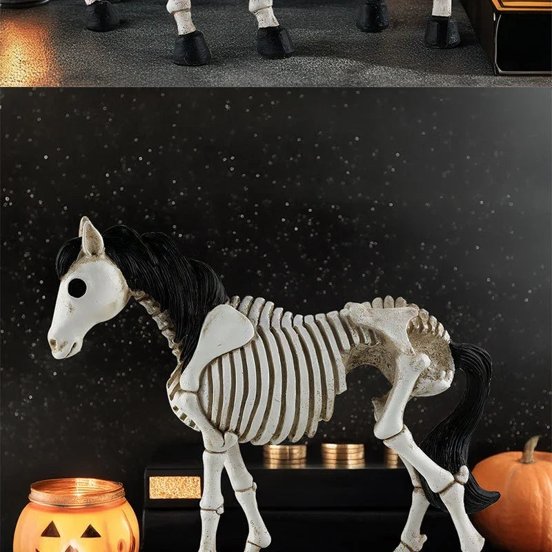 Detailed resin skeleton horse ornament in a spooky Halloween design, perfect for seasonal home decor