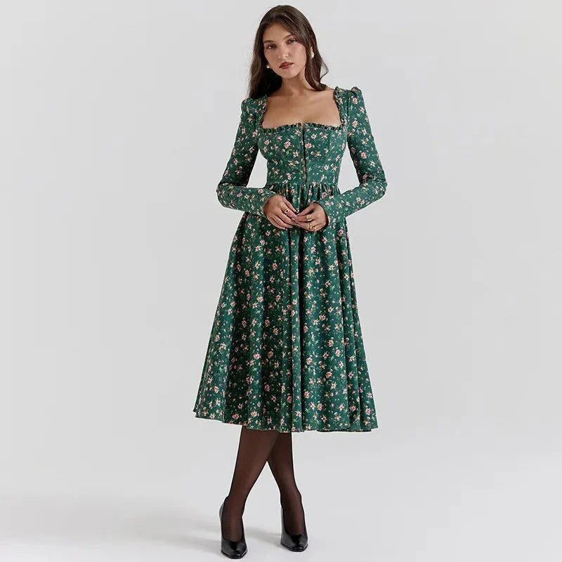 Elegant plaid A-line midi dress with square collar, backless design, and empire waistline