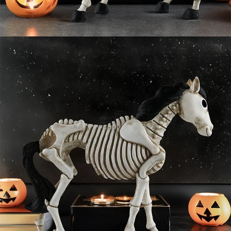 Detailed resin skeleton horse ornament in a spooky Halloween design, perfect for seasonal home decor