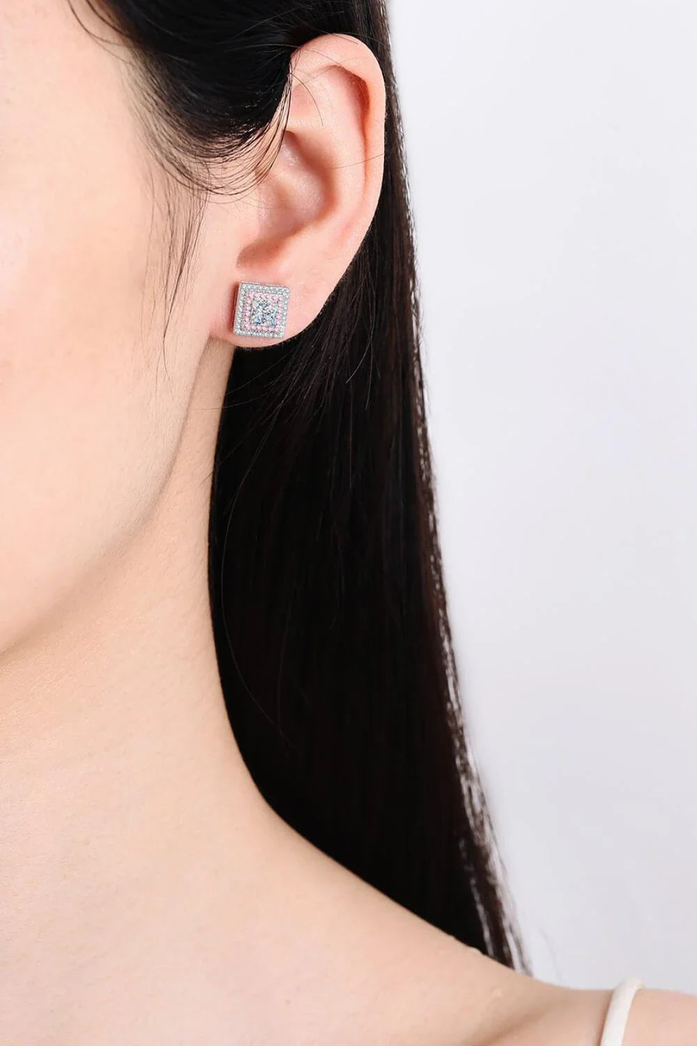 Elegant Moissanite square stud earrings in 925 sterling silver with a polished finish