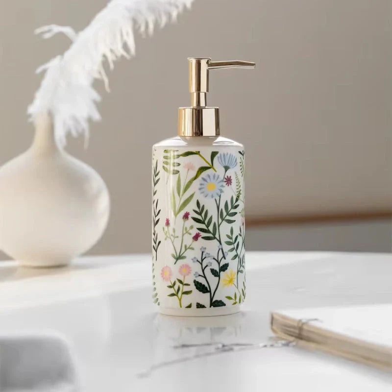 Ceramic Flower Soap Dispenser with elegant floral design for luxurious bathroom décor