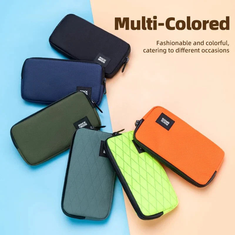Compact cycling wallet in turquoise colour with zipper closure and compartments for storing phone, coins, and other small items