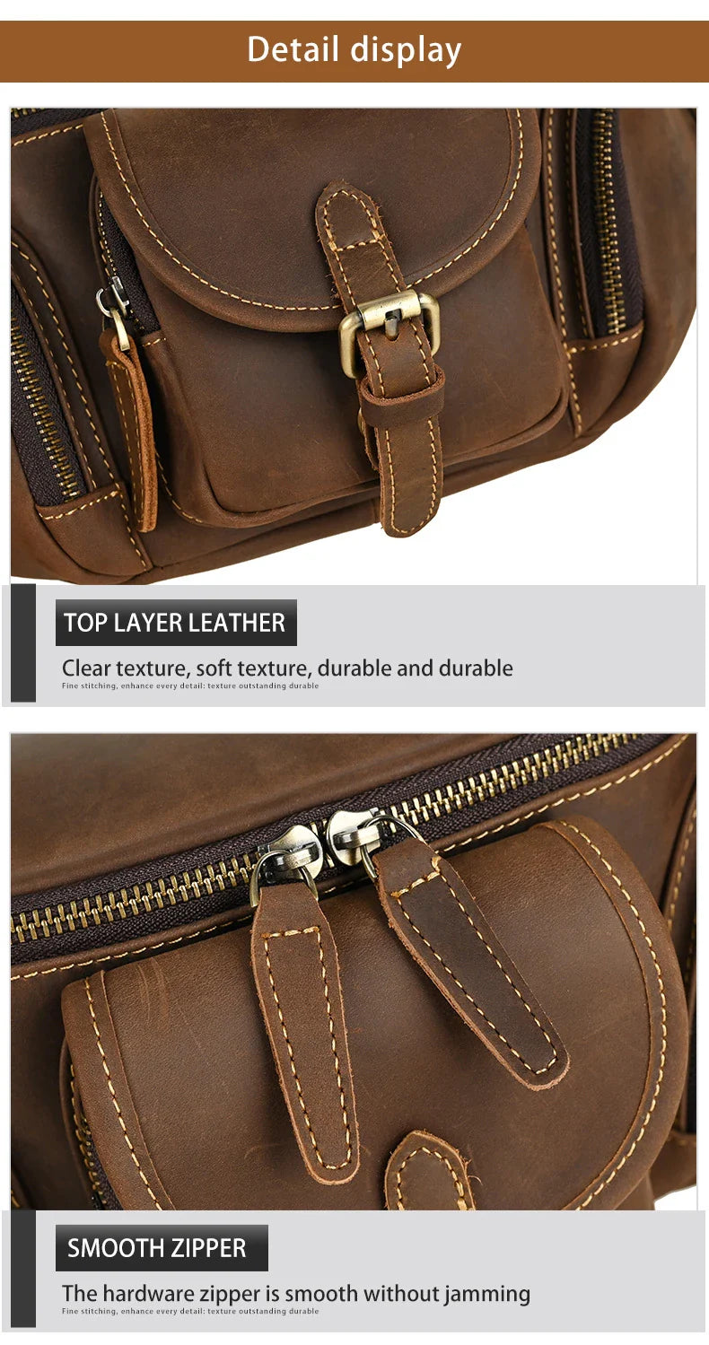 A classic leather satchel bag with a retro-inspired design, suitable for everyday use and commuting on a motorcycle.