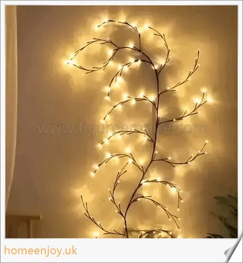 Enchanting willow vine with warm white LED lights, creating a serene and cozy ambience in a living room