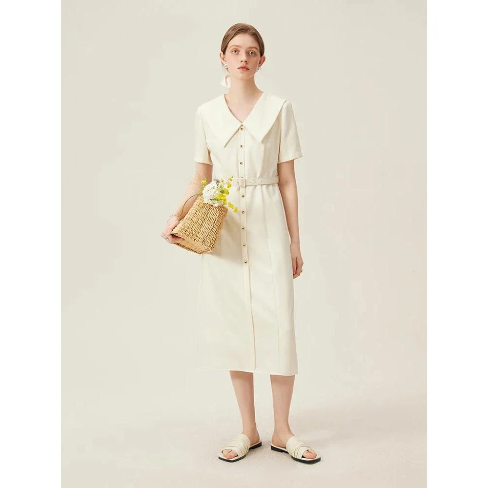 Elegant mid-calf summer dress with flattering empire waistline and adjustable belt for professional women