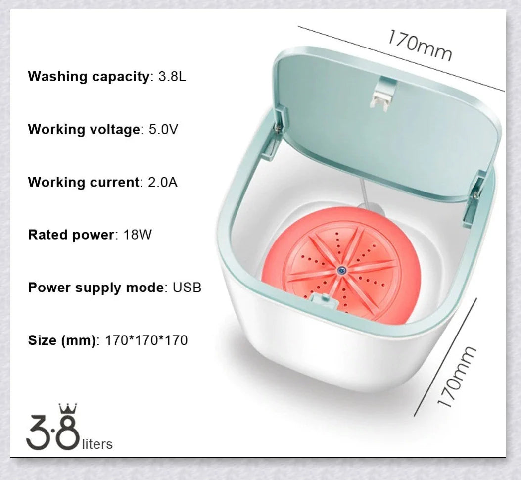 Compact and portable mini washing machine with powerful 18W motor, energy-efficient design, and ultrasonic sterilization for deep cleaning in small spaces