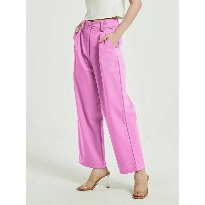 Elegant purple high-waisted wide-leg trousers with a vintage-inspired design, perfect for the modern British woman