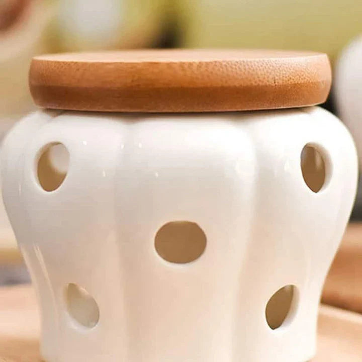 Ceramic and wood garlic storage jar with airtight design and stylish appearance for modern British kitchens