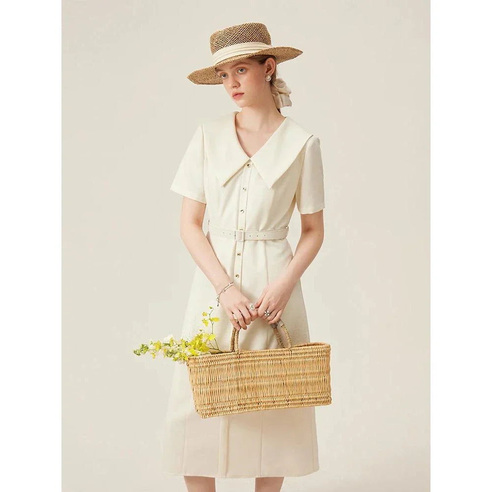 Elegant mid-calf summer dress with flattering empire waistline and adjustable belt for professional women