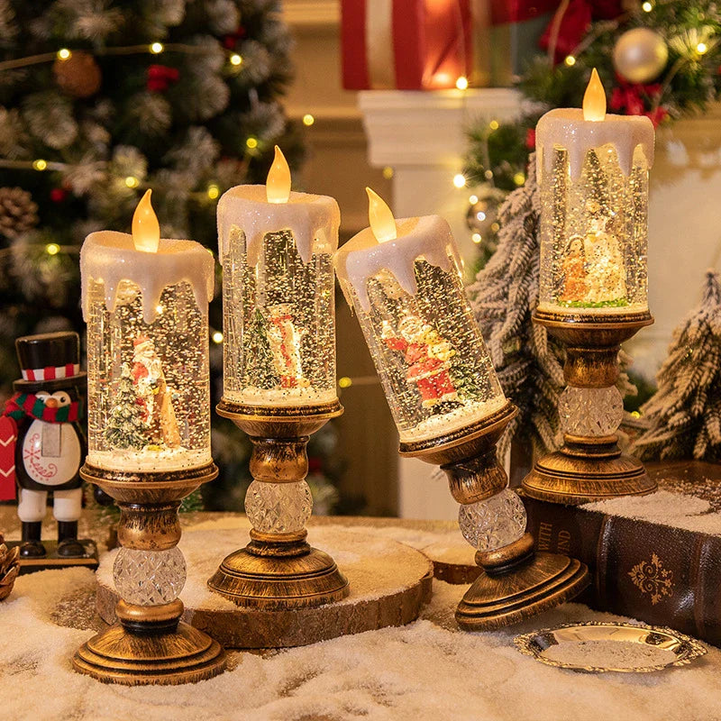 Charming Christmas candle scene layout with festive old man figure, panda pillow, and snowman candle