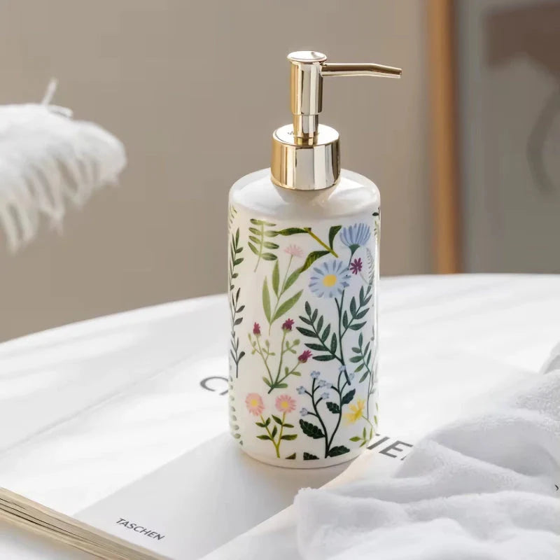 Ceramic Flower Soap Dispenser with elegant floral design for luxurious bathroom décor