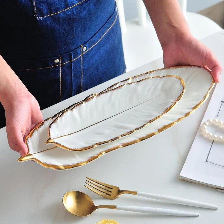 Elegant Nordic Ceramic Storage Tray in white with unique feather-inspired design and hand-painted patterns
