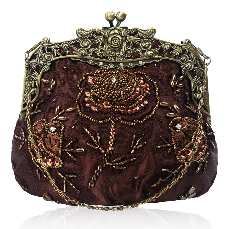 A black cosmetic bag with exquisite bead embroidery, featuring a silk surface and nylon fabric texture for a luxurious feel.