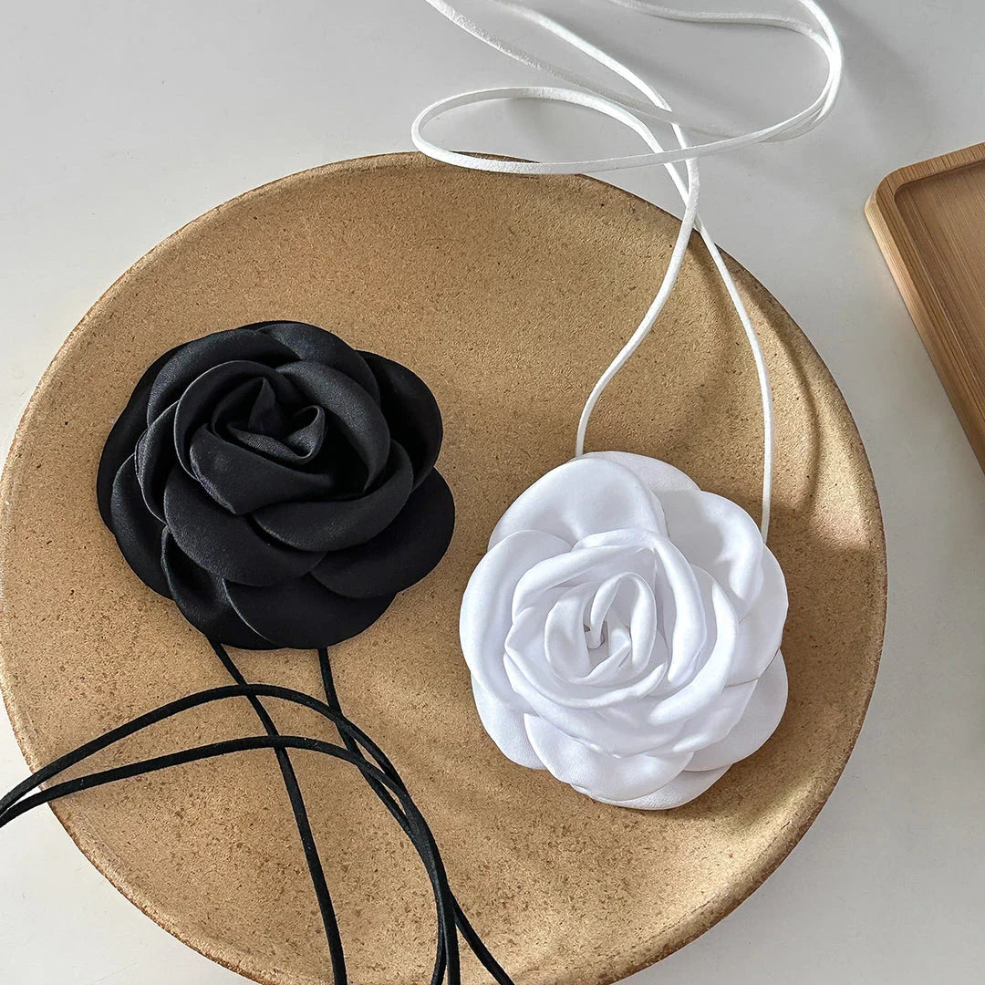 Elegant rose flower satin rope choker necklace with adjustable bowknot closure