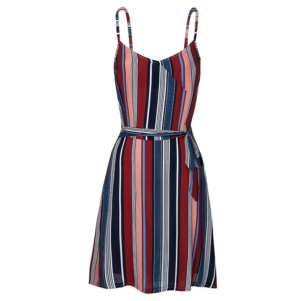 Striped large suspender dress made of premium cotton, featuring a high-waist design and open back with bow detail
