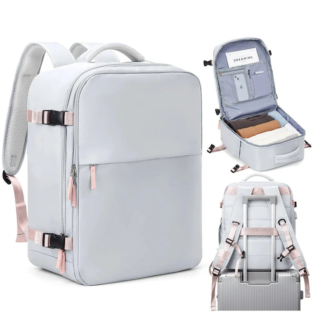Compact and versatile women's travel backpack with airline-approved dimensions, convertible design, and secure storage for electronics