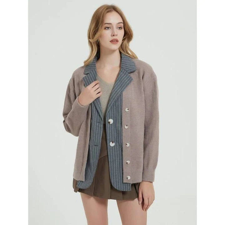 Coveted Autumn Patchwork Knit Cardigan in Khaki, featuring a unique patchwork design and classic turn-down collar