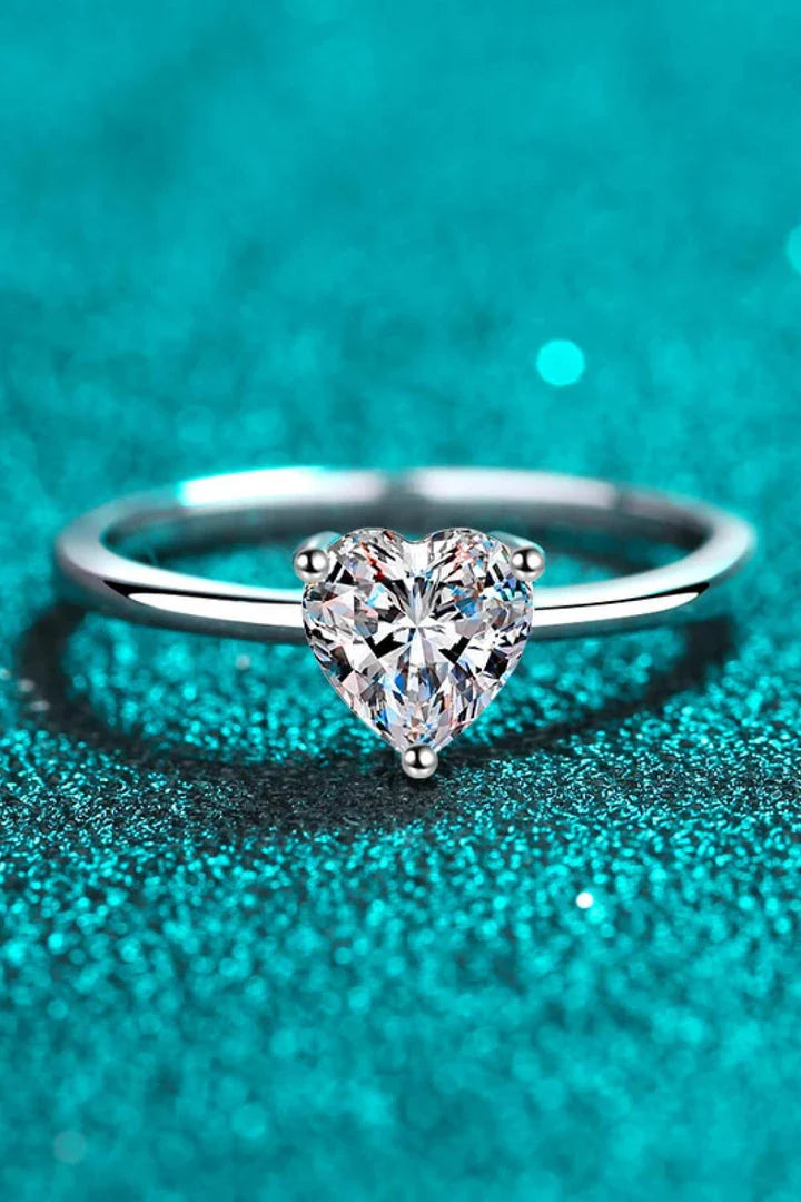 Elegant 925 sterling silver heart-shaped moissanite solitaire engagement ring with rhodium-plated finish