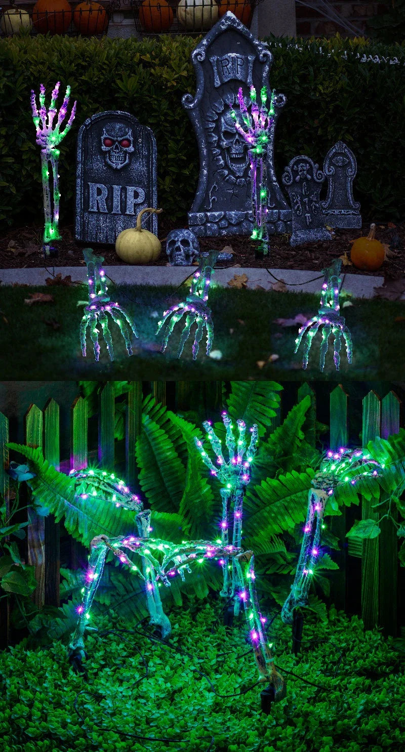 Spooky solar-powered outdoor ground light with hand-bone design for Halloween decor