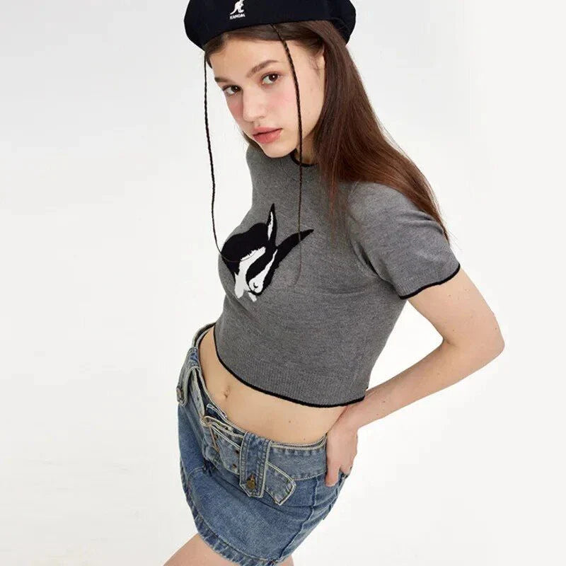 Charming Rabbit Cartoon Short Sleeve Knitted Top in Grey