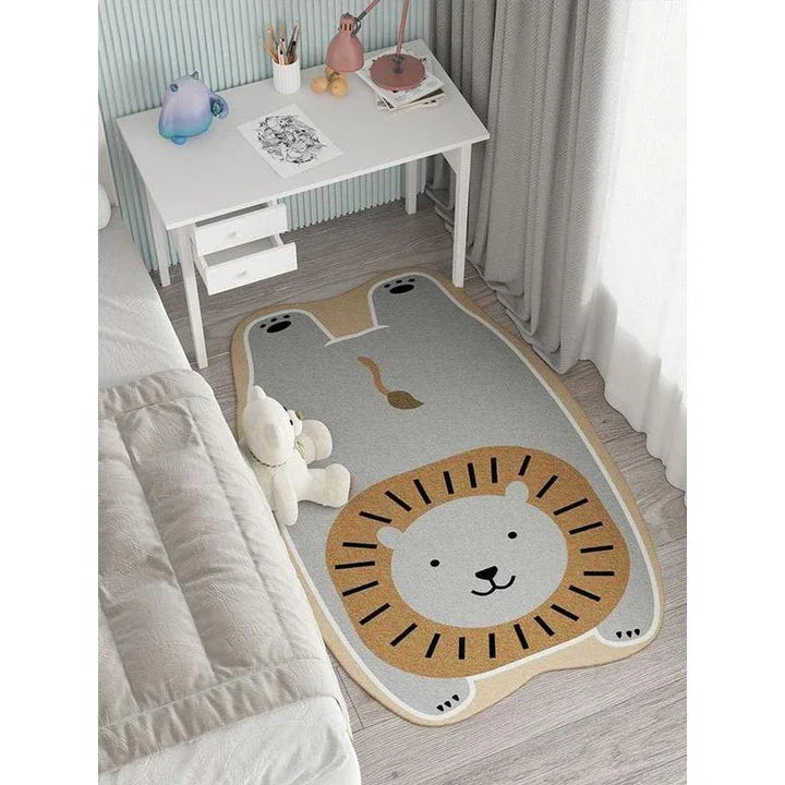 Charming animal-themed decorative rugs in various designs, including cats, foxes, lions, dogs, bunnies, wolves, and bears, adding a touch of whimsy and warmth to living rooms, bedrooms, and other cosy spaces.