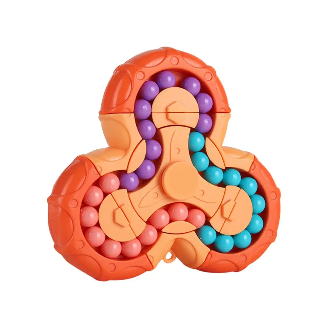 A vibrant, colourful fingertip puzzle cube with a unique rotating mechanism designed to challenge the mind and relieve stress.