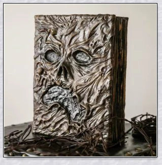 A haunting Necronomicon book with an embossed monster cover, aged pages, and a leathery, deathly texture