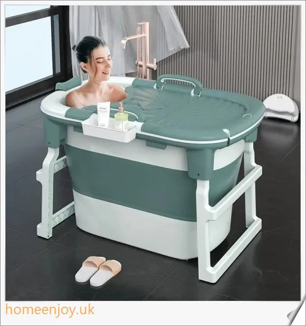 A folding full-body soaking tub made of high-quality plastic, available in green or purple with or without a cover