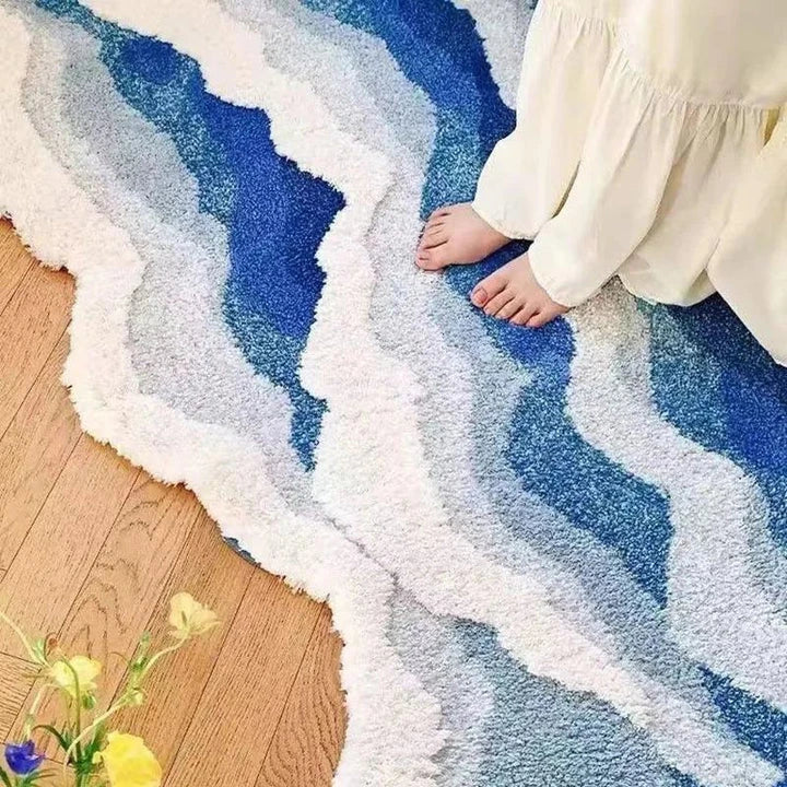 Charming blue waves pattern kids non-slip bedroom rug with soft, cushioned surface and anti-slip backing