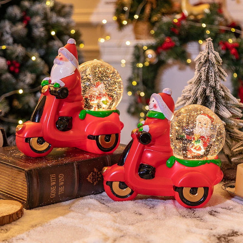 Festive music box Christmas ornaments with Santa Claus and snowman designs, creating a delightful holiday ambiance