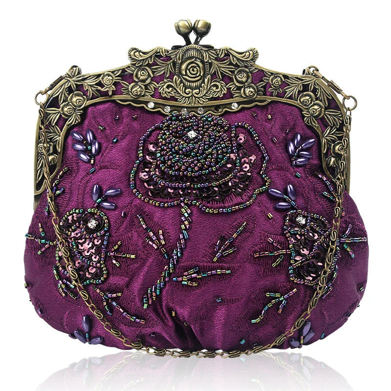 A black cosmetic bag with exquisite bead embroidery, featuring a silk surface and nylon fabric texture for a luxurious feel.