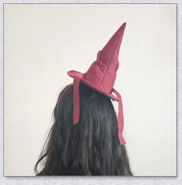 Sortband Halloween Witch Hat Headband in red, green, and brown colours with a unique, handcrafted design