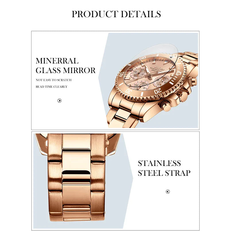 Elegant ladies' fashion watch with multifunctional features like luminous display, calendar, and 24-hour indication for professional use