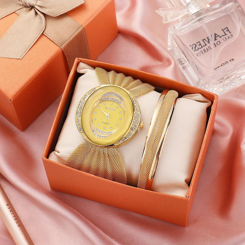 Homeenjoy UK Elegant Flower Oval Broadband Watch with Gleaming Gold and Silver Mesh Strap
