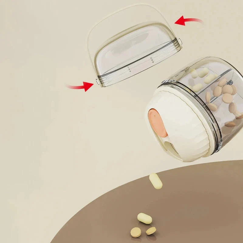 Compact and waterproof pill organiser with transparent body and spiral sliding cover for organised medication storage during travel
