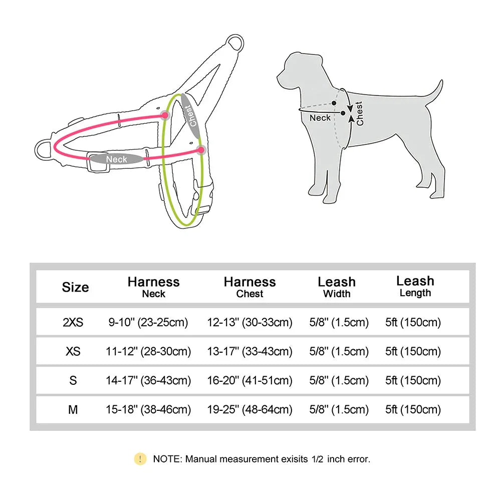 Adjustable no-pull dog harness and leash set made of durable, lightweight nylon in various colours for small, medium, and large breeds
