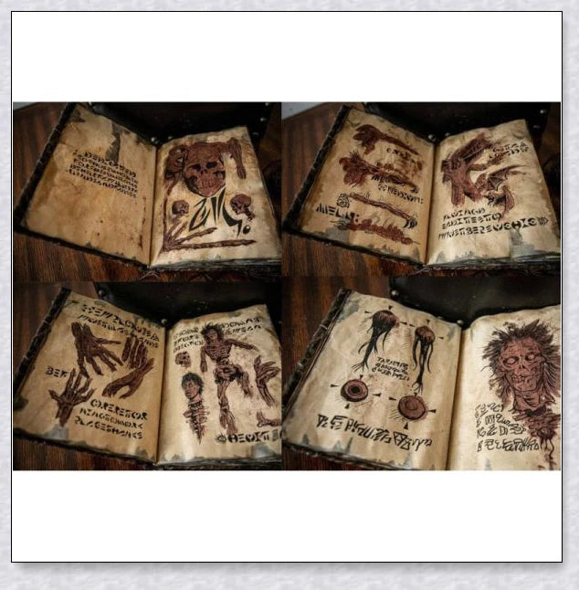 A haunting Necronomicon book with an embossed monster cover, aged pages, and a leathery, deathly texture